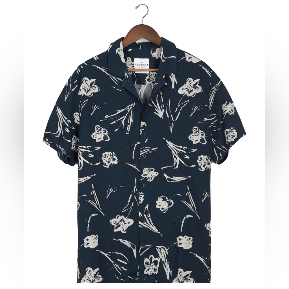 YoungLA 445 Cabo Vibez Button Down Shirt Navy Chalk Flowers Mens Medium